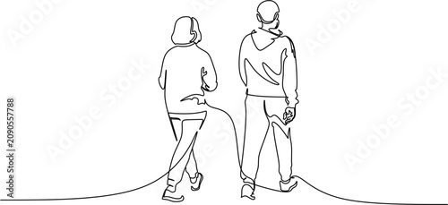 One line art of man and woman walking side by side from behind