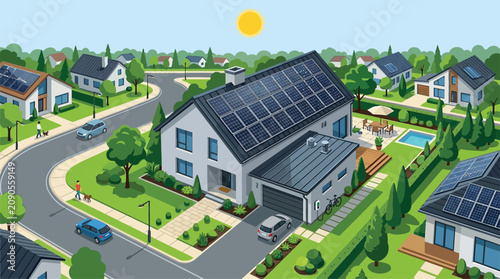 Fotografi Sustainable suburban neighborhood with eco-friendly homes powered by solar panels and green energy solutions