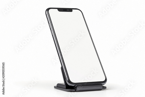 Black smartphone on a stand.