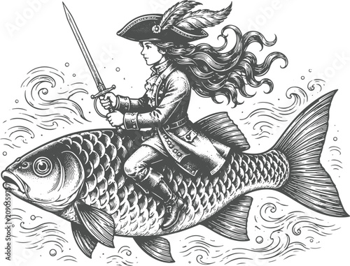 Vintage Engraving Style Pirate Girl Riding Giant Fish Fantasy Adventure Vector Illustration – Hand Drawn Nautical Ocean Character, Black and White Woodcut Line Art,