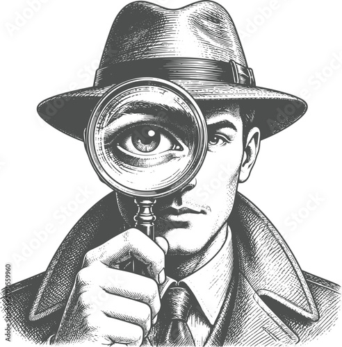 Vintage Detective with Magnifying Glass Engraving Vector Illustration – Classic Noir Investigator Black and White Line Art