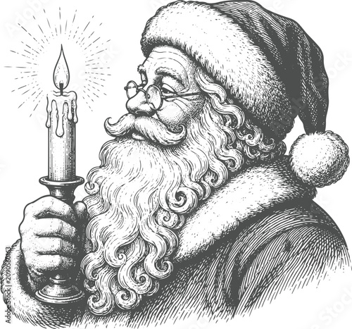 Vintage Santa Claus Holding Candle Engraving Vector Illustration – Classic Christmas Father Christmas Portrait with Glowing Candle, Hand Drawn Black and White Woodcut Line Art for Holiday Cards