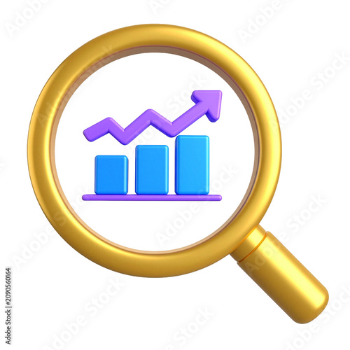 Magnifying glass focused on a rising financial bar chart indicates business growth and market analysis.