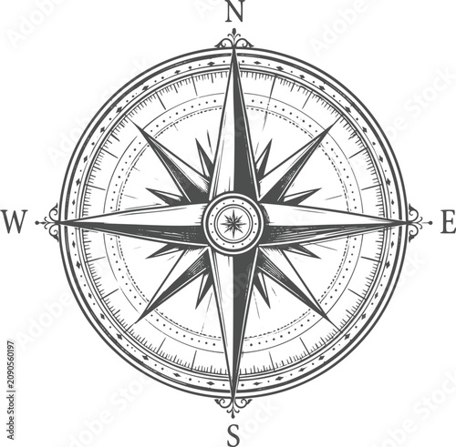 Vintage Compass Rose Engraving Vector Illustration – Classic Nautical Navigation Compass with Cardinal Directions