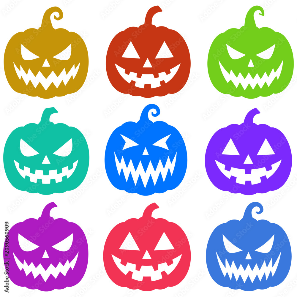 Obraz premium Colorful Halloween Jack-o'-Lanterns Illustration with Smiling Faces in Bright Colors