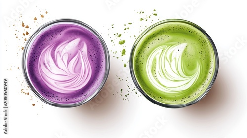 Ube and Matcha drink on white background,Iced Ube Latte,and matcha latte,PopularTrendy Purple Coffee Shop,plant based recipes,superfood,menu and banner,Healthy and wellness concept.
