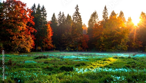 A vibrant sunrise casts a golden glow over a misty meadow, backed by a colorful autumn forest. The light filters through tall trees