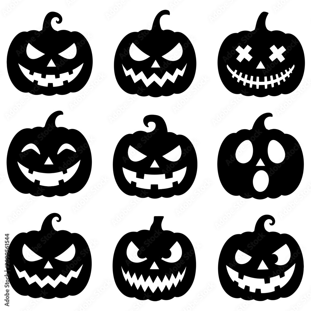 Obraz premium Halloween Jack-o'-lanterns Illustration with Various Carved Faces in Black and White