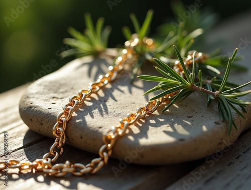Delicate gold chain necklace draped over a smooth river stone beside a sprig of fresh rosemary. Morning light filters through nearby foliage, casting dappled shadows on the gold links. Composition bal