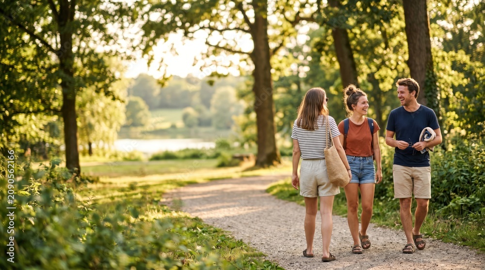 Obraz premium Three young adult friends walking on a gravel path in a sunny park during golden hour, enjoying a casual outdoor summer stroll together