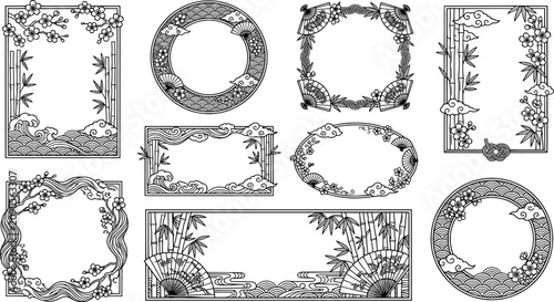 Obraz na plátně Set of asian style decorative frames with cherry blossoms, bamboo, fans, and wav