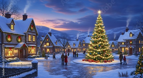 Festive Christmas village square with a large decorated tree at twilight.