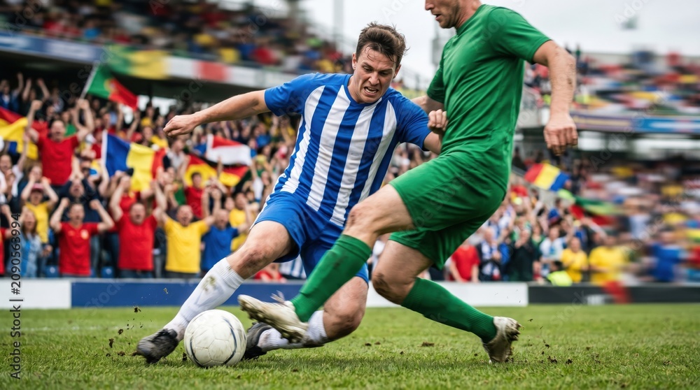 Naklejka premium Competitive soccer match between two male athletes fighting for ball possession in a crowded stadium representing professional sports rivalry