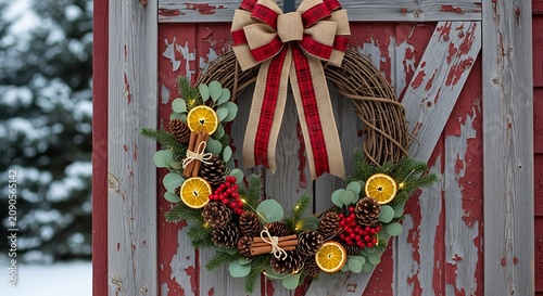 Festive Christmas Wreath Decorated with Ribbons and Ornaments on Rustic Wooden Background.