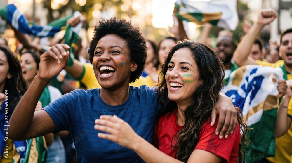 Naklejka premium Two happy diverse women celebrating sports victory together with Brazilian flags, cheering fans in background, concept of unity and joy