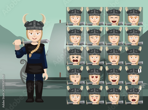 Viking Girl Cartoon Emotion faces Vector Illustration