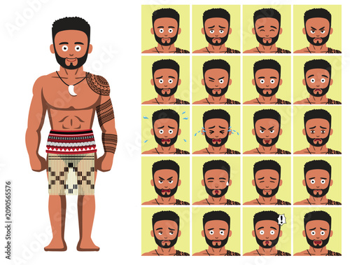 Foto Maori Polynesian indigenous Tribal Traditional Man Cartoon Emoticon Faces Vector