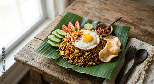 Indonesian fried rice nasi goreng served on banana leaf with fried egg, shrimp crackers and sambal on rustic wooden table