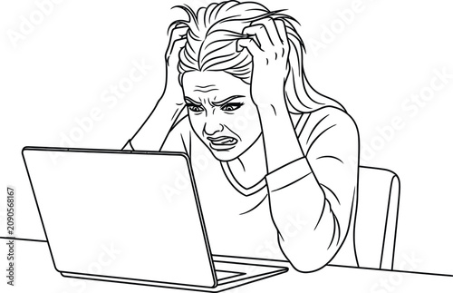 Stressed woman pulling hair while looking at laptop screen in office setting