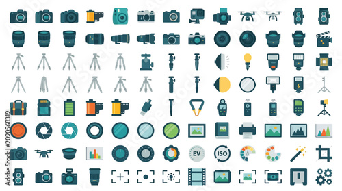 Fotografía A comprehensive collection of photography and videography icons, including cameras, lenses, tripods, drones, and accessories, presented in a clean, modern flat design