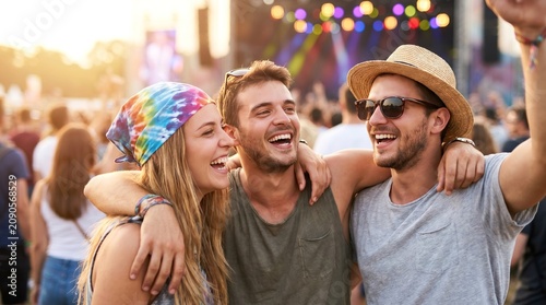 Three young adult friends laughing and hugging at an outdoor summer music festival concert enjoying live entertainment together