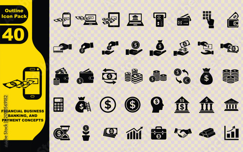 financial icon set template featuring black vector icons for business, banking, and payment concepts 