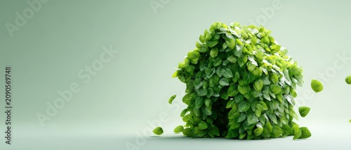 Green house made of leaves on a light green background, representing eco-friendly living and sustainability.