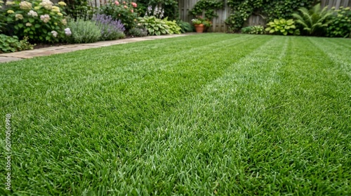 Fresh green mowed lawn in a peaceful residential garden