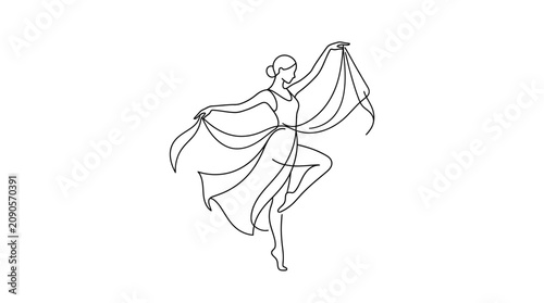 Minimalist continuous line art of a graceful woman dancing in a flowing dress.