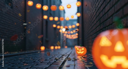 Festive Halloween pumpkins glowing in a narrow cobblestone alleyway at twilight.