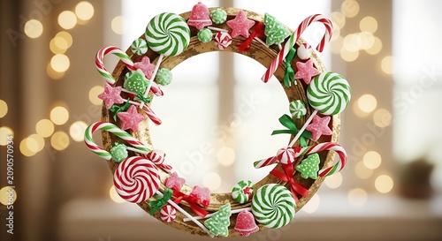 Festive Handmade Candy Wreath for Christmas Decoration.