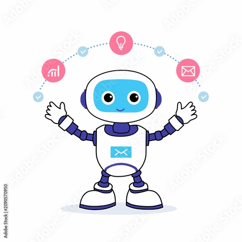 Cute AI robot managing automated workflows, email, analytics, and business tasks with smart productivity and digital assistant icons