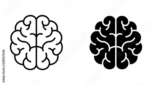 Fotografía Brain Icon Set: A minimalist illustration presenting two stylized brain icons, one outlined and the other solid black, symbolizing intellect, cognition, and neural pathways