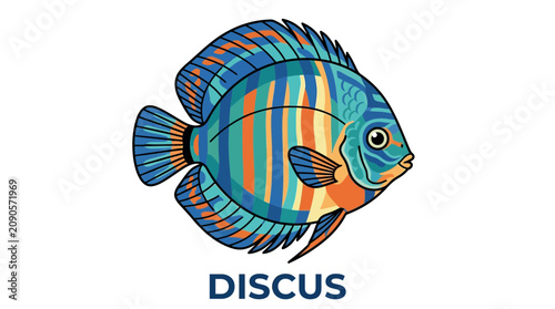 Vibrant and detailed illustration of a tropical discus fish with colorful stripes, showcasing its unique patterns and aquatic beauty in a striking design