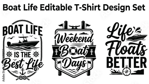 Foto Boat life editable t shirt design set with nautical quotes and graphics