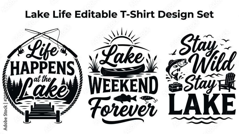 Fototapeta premium Lake life editable tshirt design set with quotes and graphics