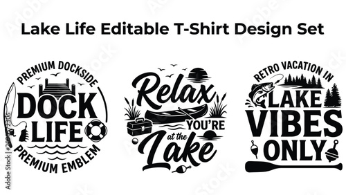 Tableau sur toile Lake Life Editable TShirt Design Set with Dock and Boat Graphics