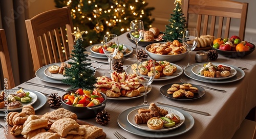 Festive Holiday Dinner Table with Traditional Food and Decorations Igniting Warmth and Celebration Spirit.