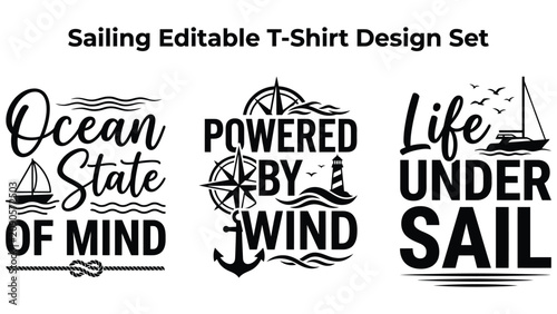 Foto Sailing editable t shirt design set with nautical phrases and graphics on white