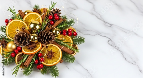 Festive Holiday Fruit Arrangement with Citrus and Pinecones on Marble Surface.