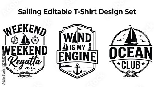 Photos Sailing editable tshirt design set with ocean and boat graphics and text