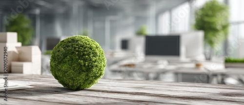 Green moss ball on a rustic wooden desk in a modern, bright office with blurred background, symbolizing eco-friendly business and sustainability.