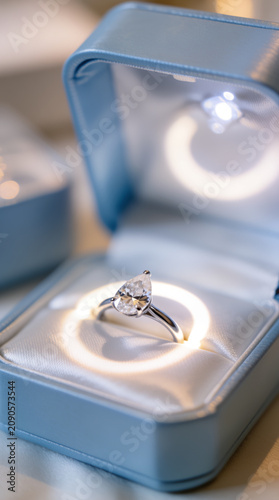 A luxury jewelry box lined with ivory satin opens to reveal a custom engagement ring with a pear-cut diamond. Soft ring light creates even illumination with no harsh shadows. Background is a blurred v