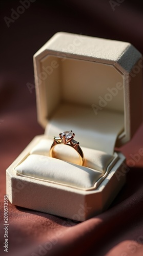 A luxury jewelry box lined with ivory satin opens to reveal a custom engagement ring with a pear-cut diamond. Soft ring light creates even illumination with no harsh shadows. Background is a blurred v