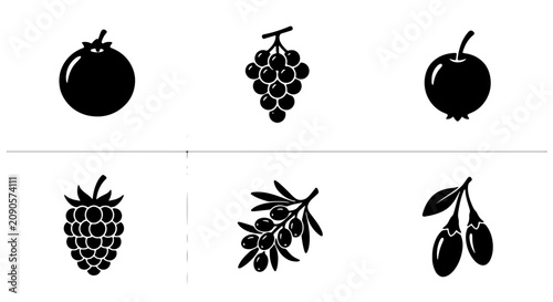 Fotografía Six Fruit and Berry Icons, Vector Set: Tomato, Grapes, Apple, Raspberry, Olives,