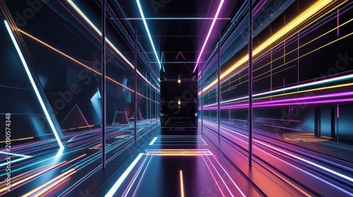Abstract neon light lines tunnel with glowing vibrant colors in dark isolated on white background