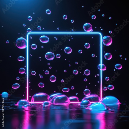Neon glowing square frame with floating soap bubbles on black background isolated on white background