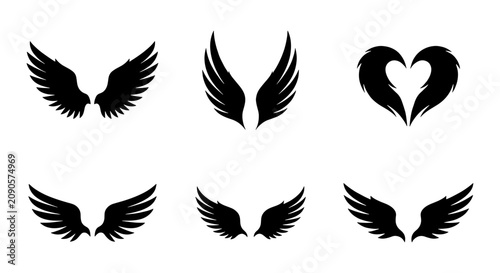 Schilderij op canvas Set of Six Black Wing Icons, Angelic Feathered Wings and Heart Shape, Vector Gra
