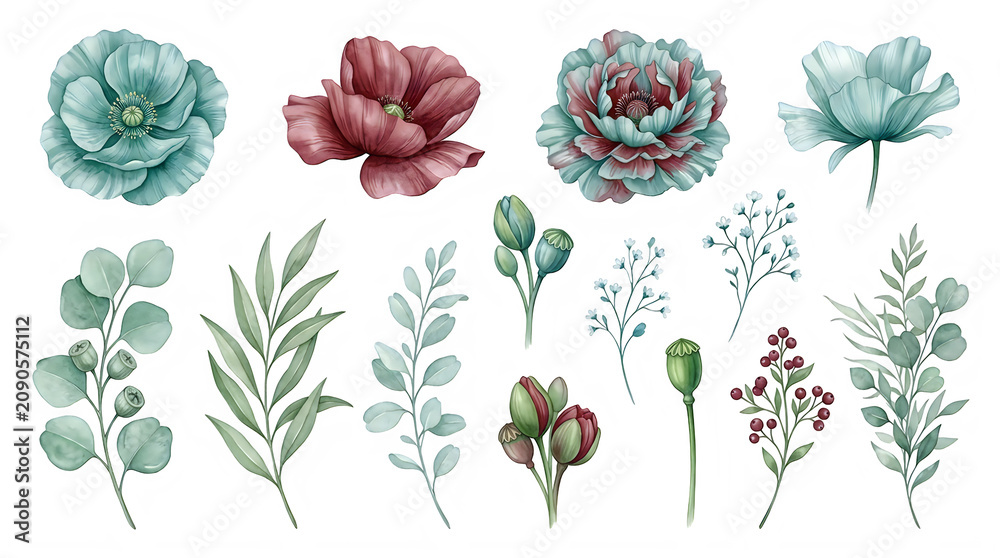 Naklejka premium Watercolor floral illustrations with leaves and flowers