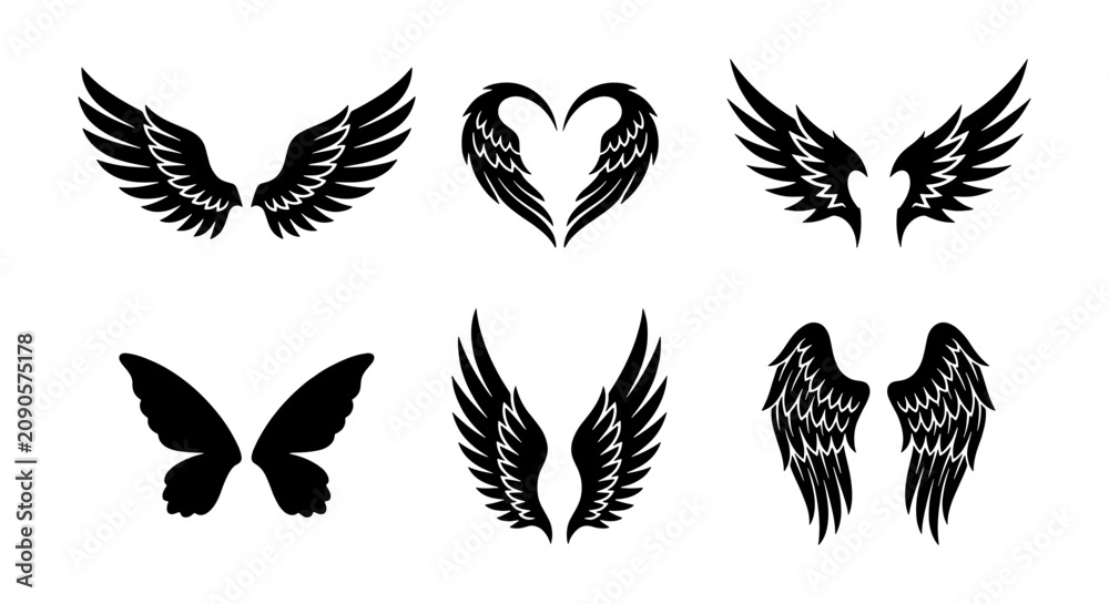 Fototapeta premium Black Angel Wings Vector Icons Set, Feathered Wing Silhouettes for Graphic Design, Tattoo Art, and Emblems